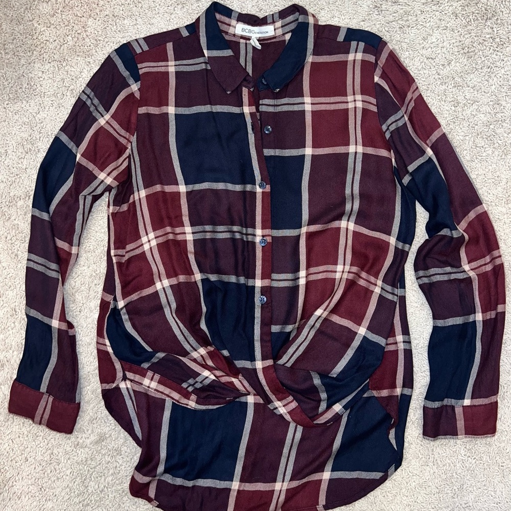 BCBGeneration Women’s Burgundy and Navy Blue Casual Button Down Shirt